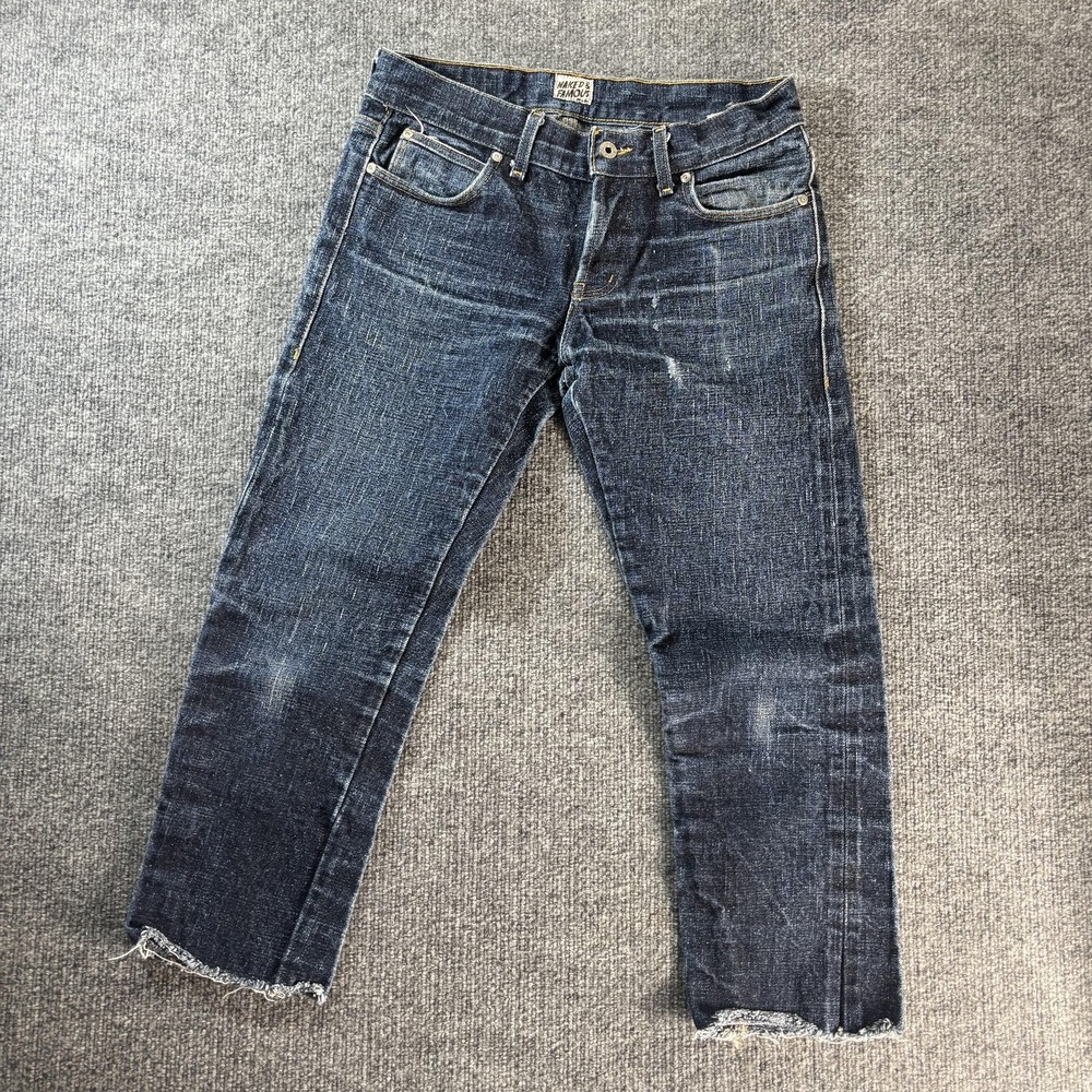 Naked & Famous Jeans Mens 31x26 Blue Selvedge Straight Leg Raw Hem Denim Casual